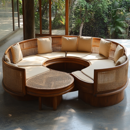 Wabi-sabi style solid wood rattan woven sofa, Nordic modern and simple creative living room round sofa for home use - Image 9