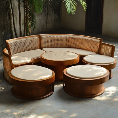 Wabi-sabi style solid wood rattan woven sofa, Nordic modern and simple creative living room round sofa for home use - Image 6