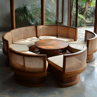 Wabi-sabi style solid wood rattan woven sofa, Nordic modern and simple creative living room round sofa for home use
