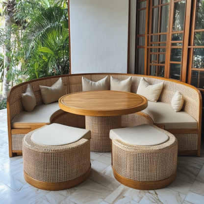 Wabi-sabi style solid wood rattan woven sofa, Nordic modern and simple creative living room round sofa for home use - Image 9