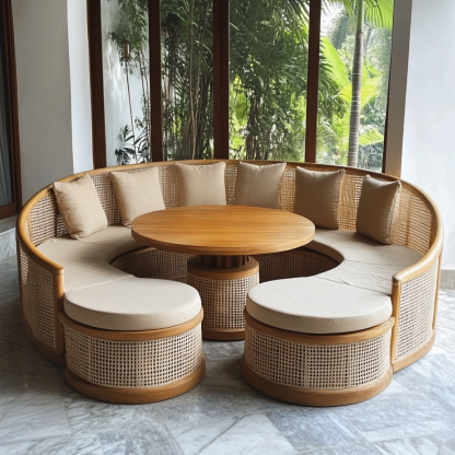 Wabi-sabi style solid wood rattan woven sofa, Nordic modern and simple creative living room round sofa for home use - Image 8