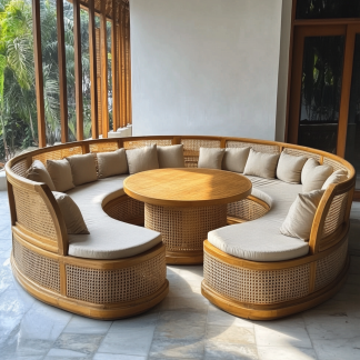 Wabi-sabi style solid wood rattan woven sofa, Nordic modern and simple creative living room round sofa for home use