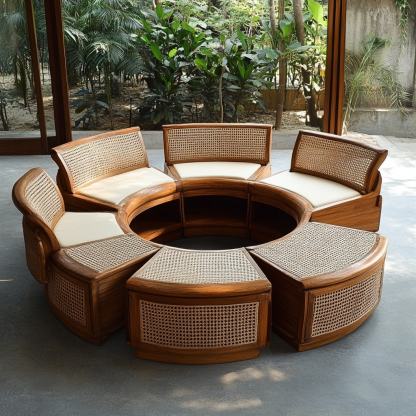 Wabi-sabi style solid wood rattan woven sofa, Nordic modern and simple creative living room round sofa for home use - Image 4