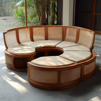 Wabi-sabi style solid wood rattan woven sofa, Nordic modern and simple creative living room round sofa for home use - Image 2