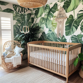 Baby crib, home children's crib, baby unpainted headboard, homestay, small floral design, Japanese style, modern and simple