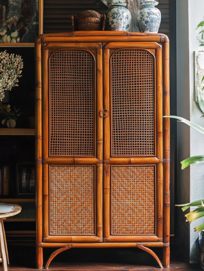Nordic solid wood sideboard, wall-mounted integrated storage cabinet, ash wood sideboard, storage cabinet, wabi-rattan woven cabinet - Image 2
