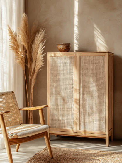 Wabi-sabi style solid wood rattan sideboard, simple and modern tea cabinet, small-sized household integrated storage cabinet - Image 9