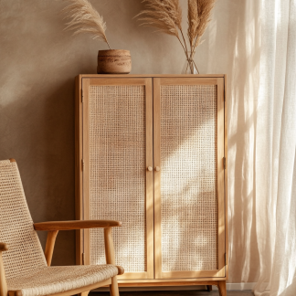 Wabi-sabi style solid wood rattan sideboard, simple and modern tea cabinet, small-sized household integrated storage cabinet