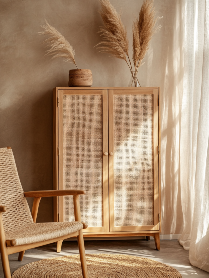 Wabi-sabi style solid wood rattan sideboard, simple and modern tea cabinet, small-sized household integrated storage cabinet