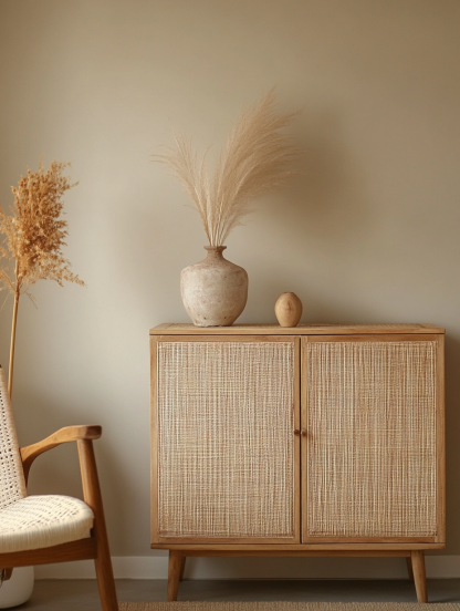 Japanese cherry wood wicker sideboard, retro solid wood storage cabinet, entrance chest cabinet, wall cabinet - Image 4