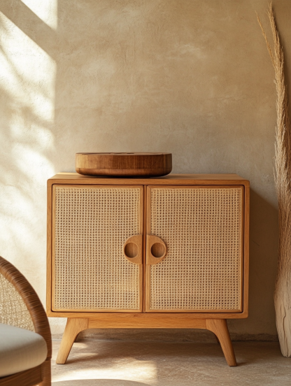 Wabi-sabi style solid wood rattan sideboard, simple and modern tea cabinet, small-sized household integrated storage cabinet - Image 5