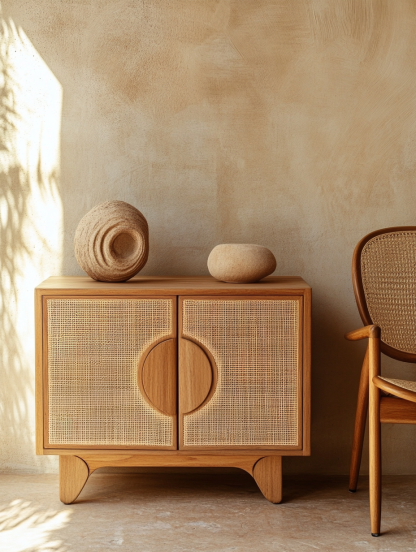 Wabi-sabi style solid wood rattan sideboard, simple and modern tea cabinet, small-sized household integrated storage cabinet - Image 2
