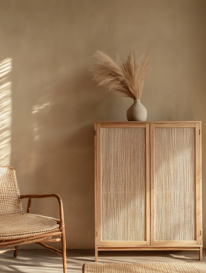 Rattan woven storage cabinet, solid wood sideboard, modern and simple dining and living room, tea and water, entrance hall, wine cabinet, bowl, kitchen