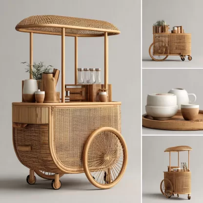 Outdoor rattan food cart, street vendor cart, mobile peddler cart, display trolley - Image 3