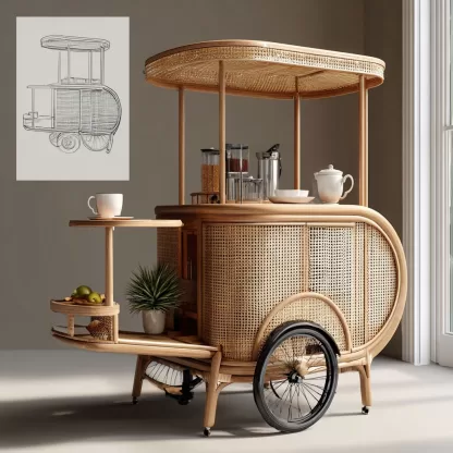 Outdoor wooden coffee carts, popular food carts, street vending carts, mobile peddler carts, display carts, commercial carts, rattan weaving - Image 2