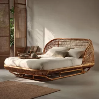 Wabi-sabi style rattan bed, bedroom double bed, homestay and hotel furniture, rattan bed, homestay and hotel bed, king-sized bed