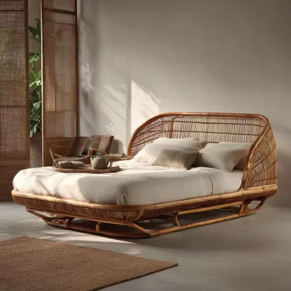 Wabi-sabi style rattan bed, bedroom double bed, homestay and hotel furniture, rattan bed, homestay and hotel bed, king-sized bed