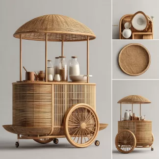 Outdoor rattan food cart, street vendor cart, mobile peddler cart, display trolley