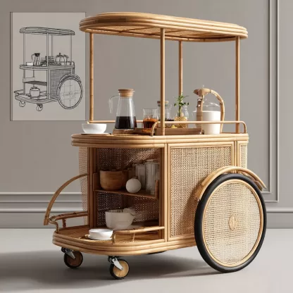 Outdoor wooden coffee carts, popular food carts, street vending carts, mobile peddler carts, display carts, commercial carts, rattan weaving - Image 3