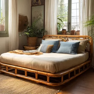 New Chinese-style solid wood rattan bed, Nordic modern simple soft package homestay hotel apartment large bed, homestay bed