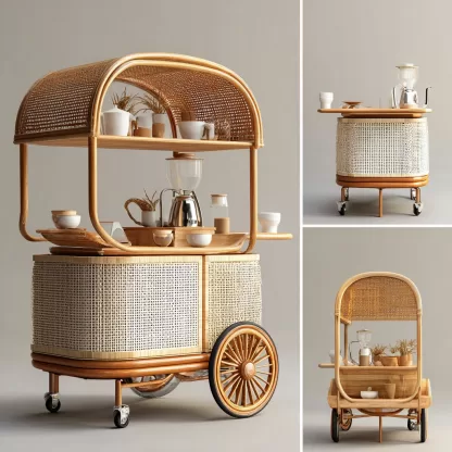 Outdoor wooden coffee carts, popular food carts, street vending carts, mobile peddler carts, display carts, commercial carts, rattan weaving - Image 4