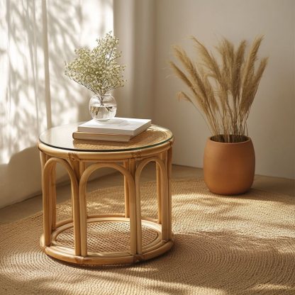 Vietnamese wicker coffee table, creative small side table for the living room, snack and fruit plate, small table, ins picnic round table - Image 4