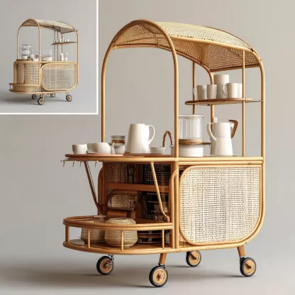 Outdoor wooden coffee carts, popular food carts, street vending carts, mobile peddler carts, display carts, commercial carts, rattan weaving - Image 8