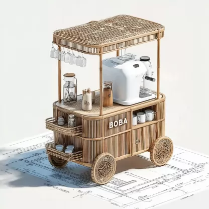baoyihuang. A drawing of an all wooden and rattan bar cart with 29745e08 4f9d 4437 ae8c 7041cea6ba16 1