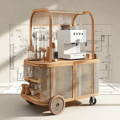baoyihuang. A drawing of an all wooden and rattan bar cart with 29745e08 4f9d 4437 ae8c 7041cea6ba16 3