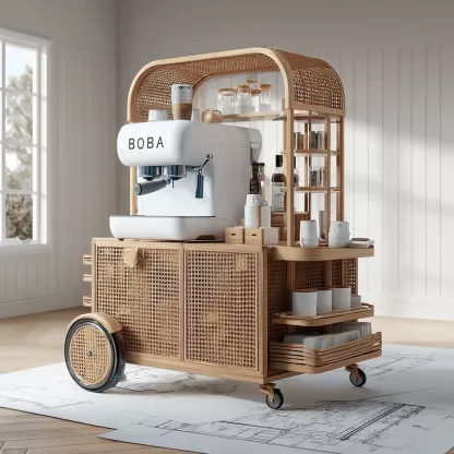 baoyihuang. A drawing of an all wooden and rattan bar cart with 29745e08 4f9d 4437 ae8c 7041cea6ba16 4