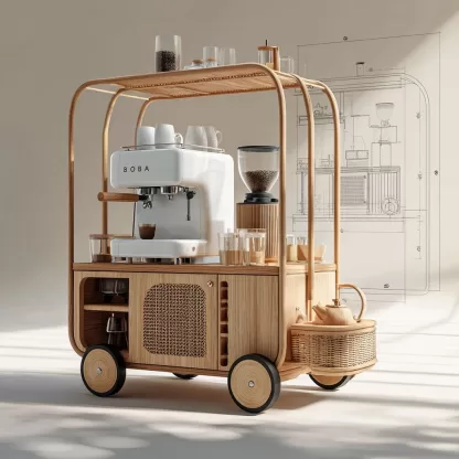 baoyihuang. A drawing of an all wooden and rattan bar cart with 6c4e5b70 389c 4b82 9f9f 424545661899 2