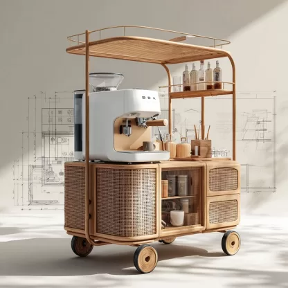 baoyihuang. A drawing of an all wooden and rattan bar cart with 6c4e5b70 389c 4b82 9f9f 424545661899 4