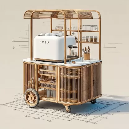 baoyihuang. A drawing of an all wooden and rattan bar cart with e6636fd5 f4f9 40be 87e1 03ca8784a895 1
