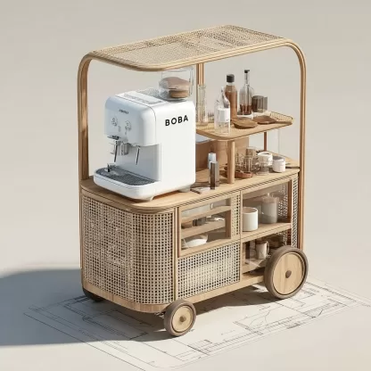 baoyihuang. A drawing of an all wooden and rattan bar cart with e6636fd5 f4f9 40be 87e1 03ca8784a895 2