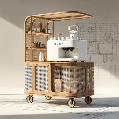 baoyihuang. A drawing of an all wooden and rattan bar cart with e6636fd5 f4f9 40be 87e1 03ca8784a895 3