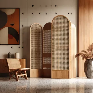 Wabi-sabi style rattan screen partition, living room entrance foyer, mobile folding storage bookshelf background