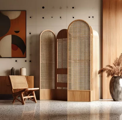 Wabi-sabi style rattan screen partition, living room entrance foyer, mobile folding storage bookshelf background