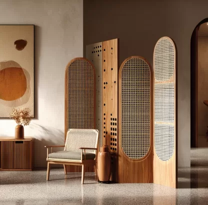 Wabi-sabi style rattan screen partition, living room entrance foyer, mobile folding storage bookshelf background - Image 7