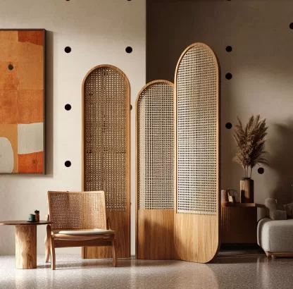 Wabi-sabi style rattan screen partition, living room entrance foyer, mobile folding storage bookshelf background - Image 9