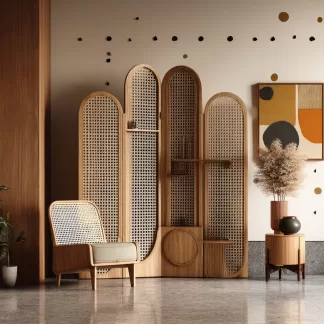 Wabi-sabi style rattan screen partition, living room entrance foyer, mobile folding storage bookshelf background