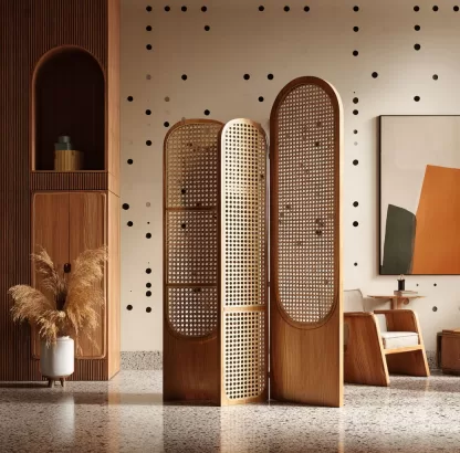 Wabi-sabi style rattan screen partition, living room entrance foyer, mobile folding storage bookshelf background - Image 2