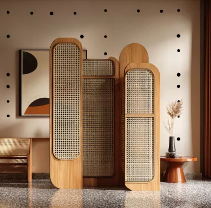 Wabi-sabi style rattan screen partition, living room entrance foyer, mobile folding storage bookshelf background - Image 3