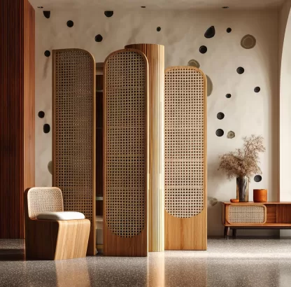 Wabi-sabi style rattan screen partition, living room entrance foyer, mobile folding storage bookshelf background - Image 4