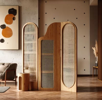 Wabi-sabi style rattan screen partition, living room entrance foyer, mobile folding storage bookshelf background - Image 5