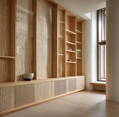 Wabi-sabi style rattan screen partition, living room entrance foyer, mobile folding storage bookshelf background - Image 2