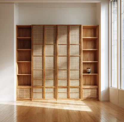 Wabi-sabi style rattan screen partition, living room entrance foyer, mobile folding storage bookshelf background - Image 3