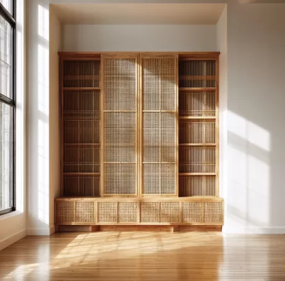 Wabi-sabi style rattan screen partition, living room entrance foyer, mobile folding storage bookshelf background - Image 4