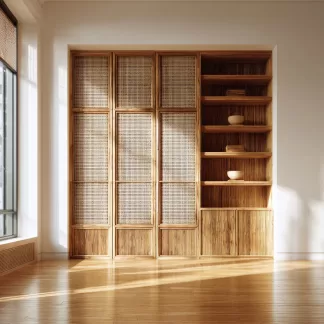 Wabi-sabi style rattan screen partition, living room entrance foyer, mobile folding storage bookshelf background