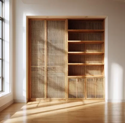 Wabi-sabi style rattan screen partition, living room entrance foyer, mobile folding storage bookshelf background - Image 6