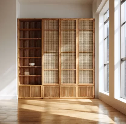 Wabi-sabi style rattan screen partition, living room entrance foyer, mobile folding storage bookshelf background - Image 8